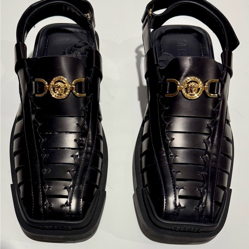 Versace Black and Gold Sandals with Architectural Design